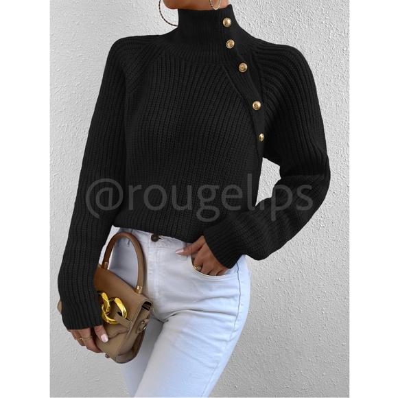 Black Cable Knit Turtleneck Pullover Sweater Asymmetrical Buttons Long Sleeve - Picture 3 of 7